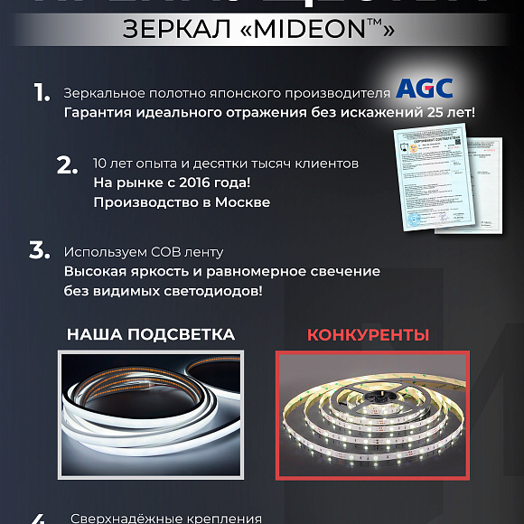 Зеркало настенное с теплой подсветкой в полный рост арка вниз 60x180
